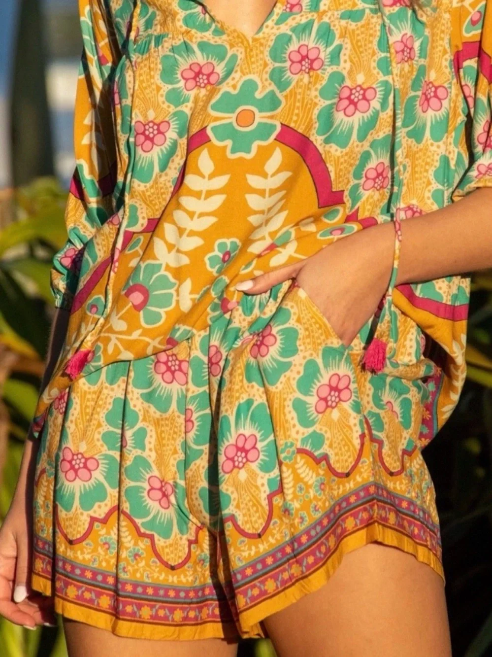 Natural Life Maribel Matching Top & Shorts Set Size Small/Medium Mustard Floral